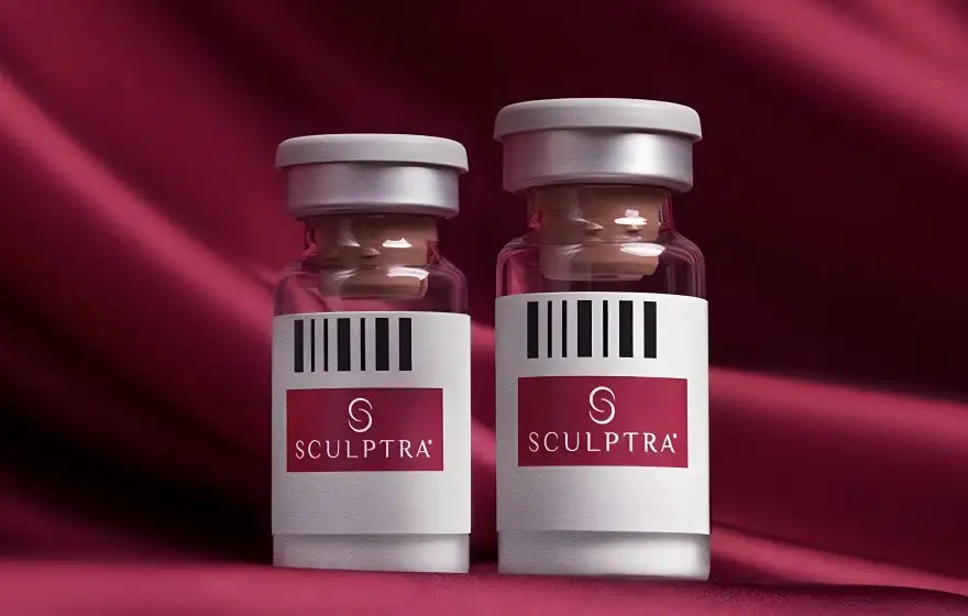 Duas ampolas transparentes do bioestimulador de colágeno Sculptra, com rótulos brancos e detalhe em vermelho que exibem o nome da marca, dispostas lado a lado sobre um elegante tecido de seda na cor vinho. A imagem foca no produto Sculptra, conhecido por estimular a produção de colágeno e elastina, essenciais para a firmeza e elasticidade da pele.